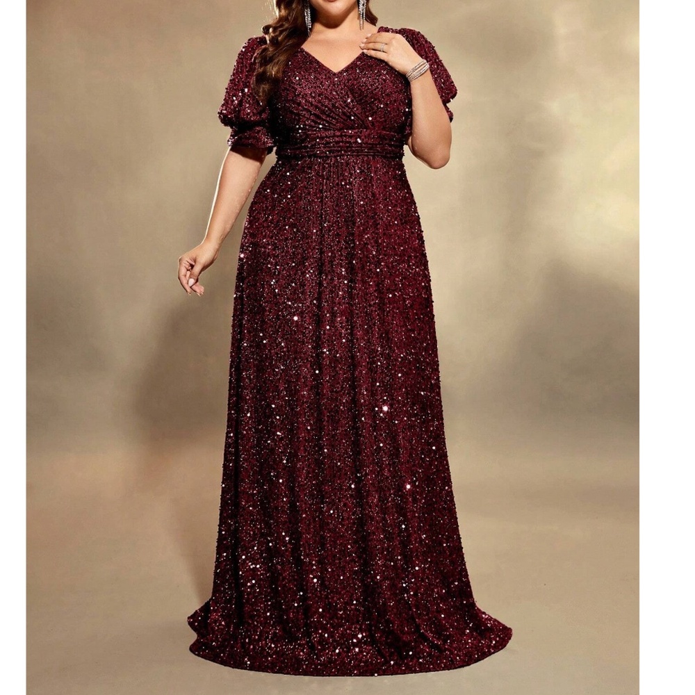 Plus Sequin Puff Sleeve High Waisted Party Formal Wedding Dress - Picture 2 of 9